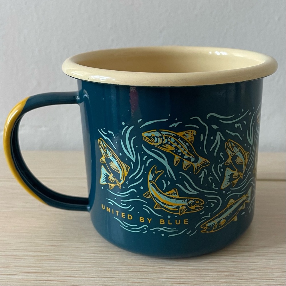 United By Blue Enamel Camp Mug Teal and Gold Fish Pattern
